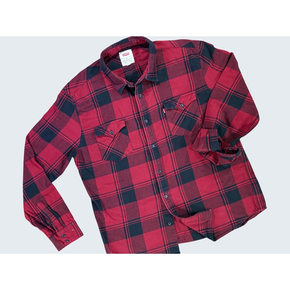 Levi's Red Black Buffalo Plaid Flannel Shirt Men's XL 100% Cotton
